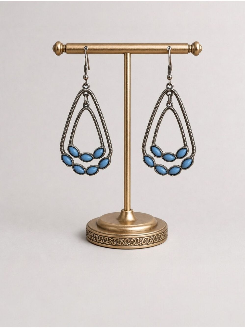 Western Boho Silver Tone & Turquoise Teardrop Dangle Earrings 2"
